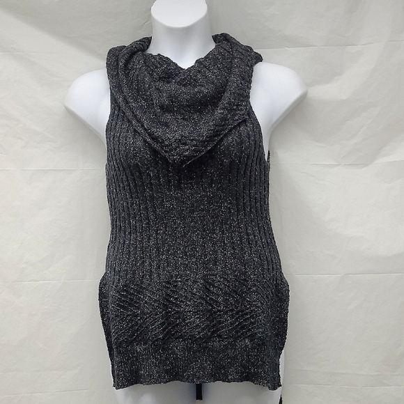Knit Gray Ribbed Sleeveless 2 Pc Tank Top Sweater Detatchable Cowl Neck Scarf - Picture 1 of 10